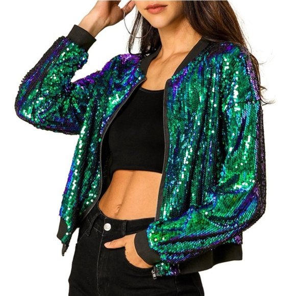 HAODUOYI Sparkle Mermaid Sequin Bomber Jacket XXL (Large) Mardi Gras - Picture 2 of 6